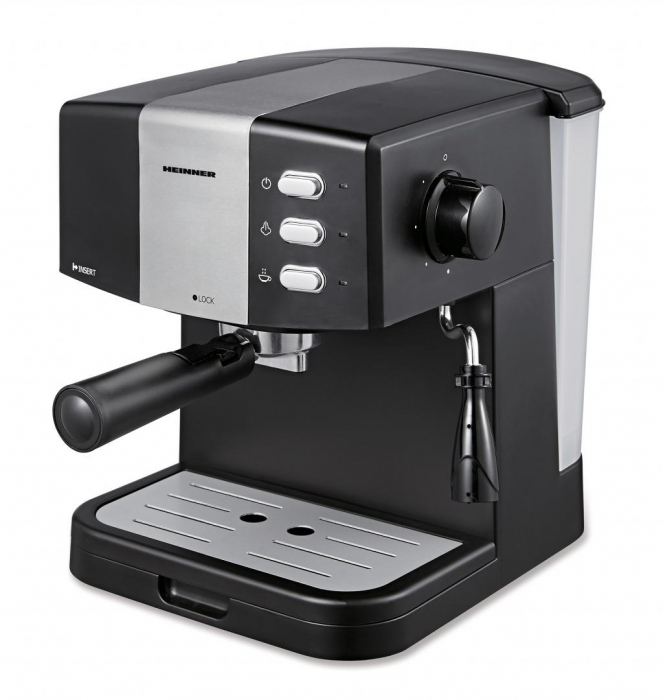 Espressor HEINNER HEM-850BKSL, 850W, 15 BAR, Capacitate 1.5L, Cafea Măcinată, Filtru Dublu, Cappuccino, Plastic, Negru/Argintiu [1]