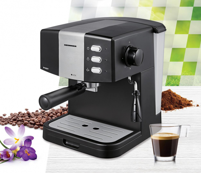 Espressor HEINNER HEM-850BKSL, 850W, 15 BAR, Capacitate 1.5L, Cafea Măcinată, Filtru Dublu, Cappuccino, Plastic, Negru/Argintiu [2]
