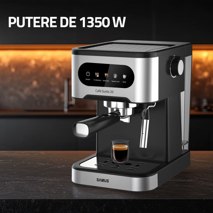 Espressor manual Samus Café Gusto 20, 20 bari, 5 băuturi presetate, rezervor 1.5 L, control tactil, 1350 W, sistem spumare cappuccino, negru-inox [8]