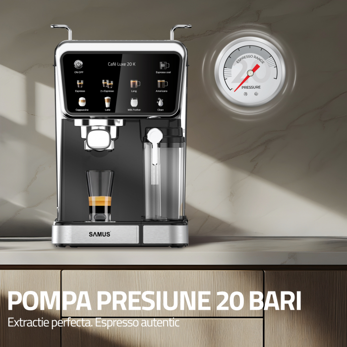 Espressor manual Samus Café Luxe 20K, 20 bar, rezervor lapte 500 ml, 8 tipuri băuturi, control tactil, 1350 W, capsule/cafea măcinată, negru-inox [8]