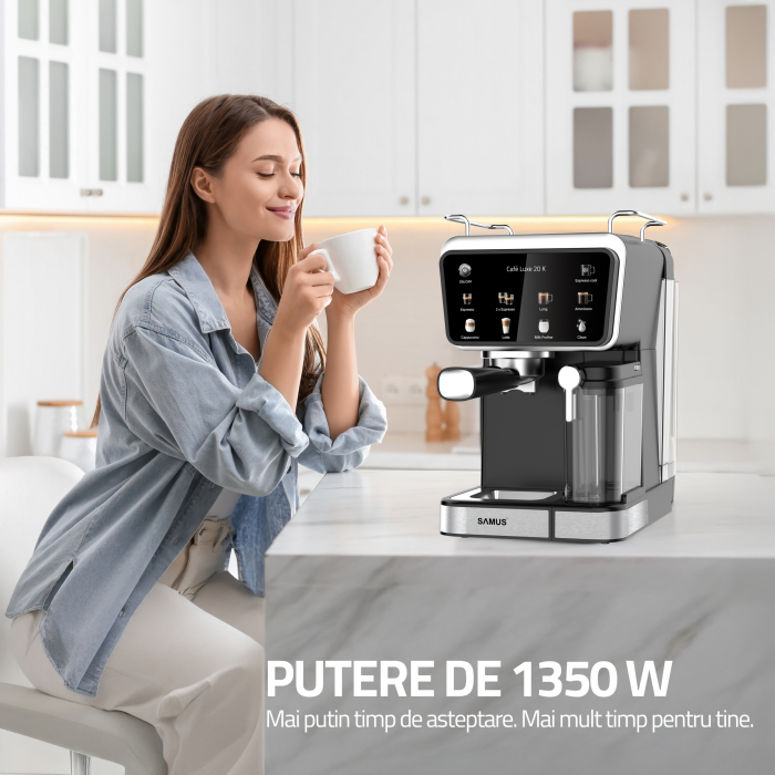 Espressor manual Samus Café Luxe 20K, 20 bar, rezervor lapte 500 ml, 8 tipuri băuturi, control tactil, 1350 W, capsule/cafea măcinată, negru-inox [12]