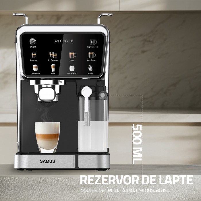 Espressor manual Samus Café Luxe 20K, 20 bar, rezervor lapte 500 ml, 8 tipuri băuturi, control tactil, 1350 W, capsule/cafea măcinată, negru-inox [10]