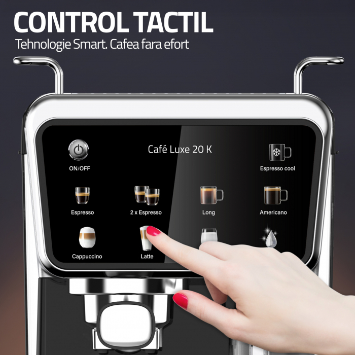 Espressor manual Samus Café Luxe 20K, 20 bar, rezervor lapte 500 ml, 8 tipuri băuturi, control tactil, 1350 W, capsule/cafea măcinată, negru-inox [7]
