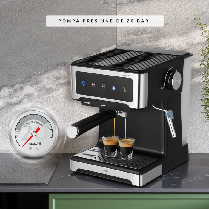 Espressor manual Samus Espressia 20, 20 bar, control tactil, ecran IMD, 3 funcții (1 ceașcă/2 cești/apă caldă), rezervor 1,8 L, duză abur, 1150 W, negru-inox [3]