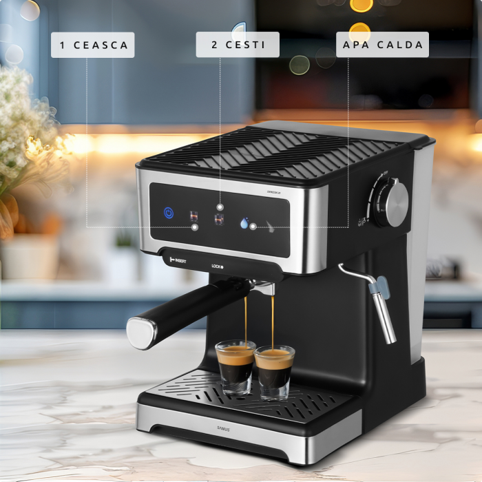 Espressor manual Samus Espressia 20, 20 bar, control tactil, ecran IMD, 3 funcții (1 ceașcă/2 cești/apă caldă), rezervor 1,8 L, duză abur, 1150 W, negru-inox [4]
