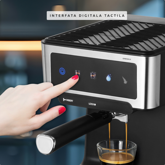 Espressor manual Samus Espressia 20, 20 bar, control tactil, ecran IMD, 3 funcții (1 ceașcă/2 cești/apă caldă), rezervor 1,8 L, duză abur, 1150 W, negru-inox [2]