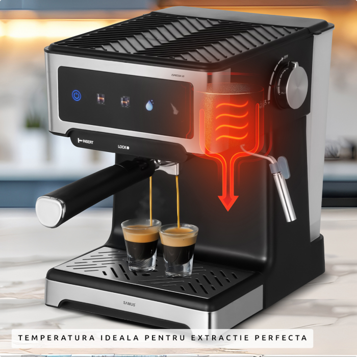 Espressor manual Samus Espressia 20, 20 bar, control tactil, ecran IMD, 3 funcții (1 ceașcă/2 cești/apă caldă), rezervor 1,8 L, duză abur, 1150 W, negru-inox [6]