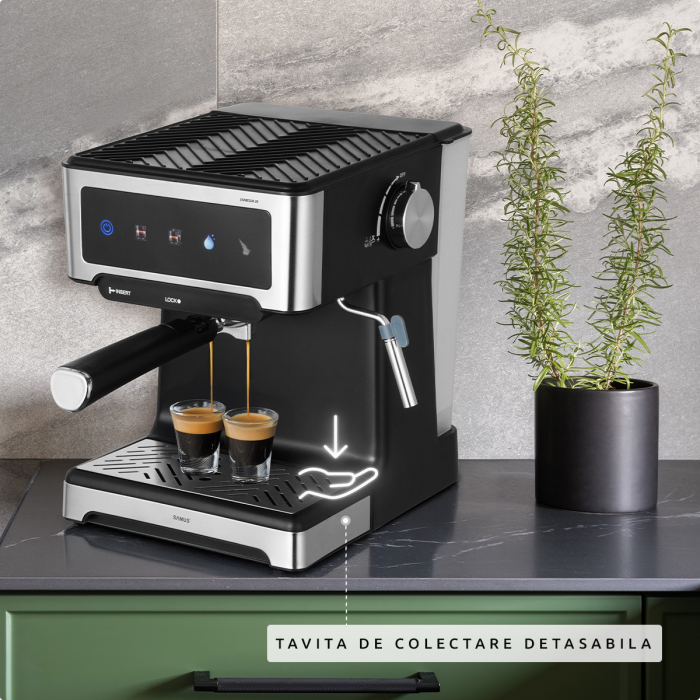 Espressor manual Samus Espressia 20, 20 bar, control tactil, ecran IMD, 3 funcții (1 ceașcă/2 cești/apă caldă), rezervor 1,8 L, duză abur, 1150 W, negru-inox [8]