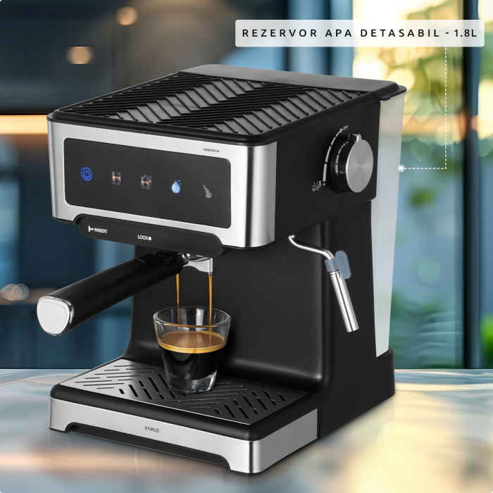 Espressor manual Samus Espressia 20, 20 bar, control tactil, ecran IMD, 3 funcții (1 ceașcă/2 cești/apă caldă), rezervor 1,8 L, duză abur, 1150 W, negru-inox [5]