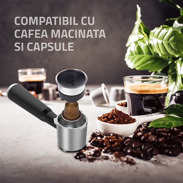 Espressor Manual Slim, 20 Bari, 1350W, Control Tactil, Cafea Măcinată & Capsule, 5 Băuturi, Rezervor 1.2L, Inox [6]