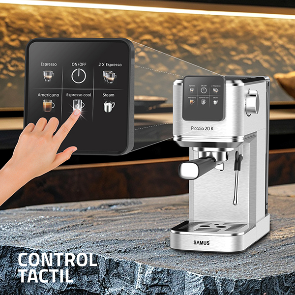 Espressor Manual Slim, 20 Bari, 1350W, Control Tactil, Cafea Măcinată & Capsule, 5 Băuturi, Rezervor 1.2L, Inox [10]