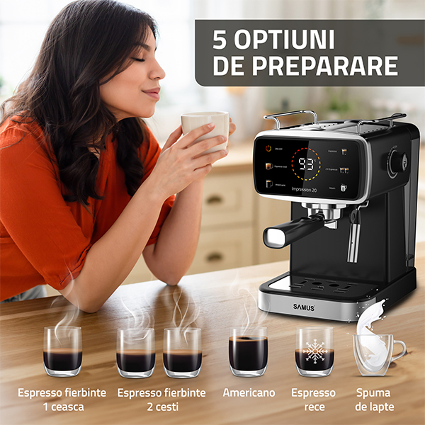 Espressor Samus Impression 20 Control Tactil Pompa 20 Bari 5 Bauturi Ecran Color 1350W Negru Inox [10]