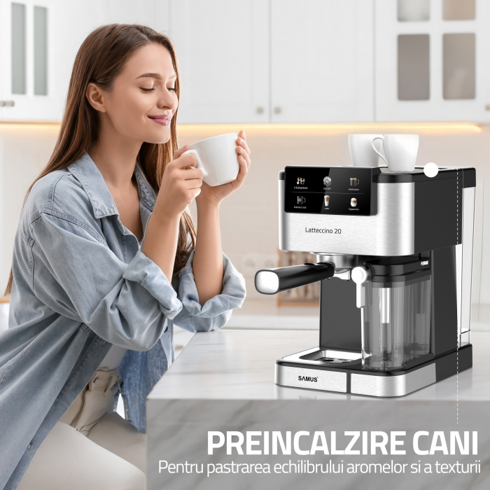 Espressor Samus Latteccino 20, 20 bar, rezervor lapte 500 ml și apă 1,5 L, control tactil, 6 tipuri băuturi (incl. cappuccino, latte), 1350 W, negru-inox [12]