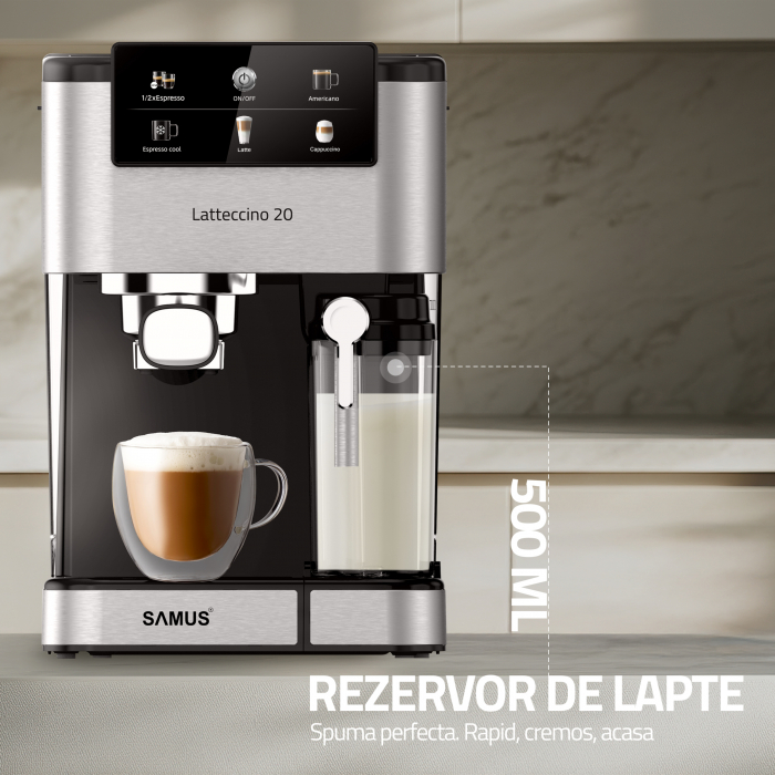 Espressor Samus Latteccino 20, 20 bar, rezervor lapte 500 ml și apă 1,5 L, control tactil, 6 tipuri băuturi (incl. cappuccino, latte), 1350 W, negru-inox [7]
