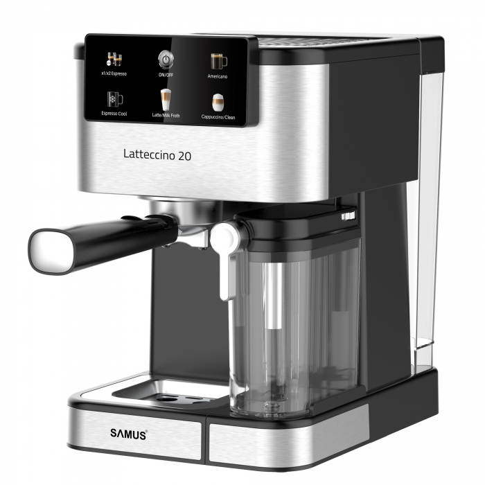 Espressor Samus Latteccino 20, 20 bar, rezervor lapte 500 ml și apă 1,5 L, control tactil, 6 tipuri băuturi (incl. cappuccino, latte), 1350 W, negru-inox [1]