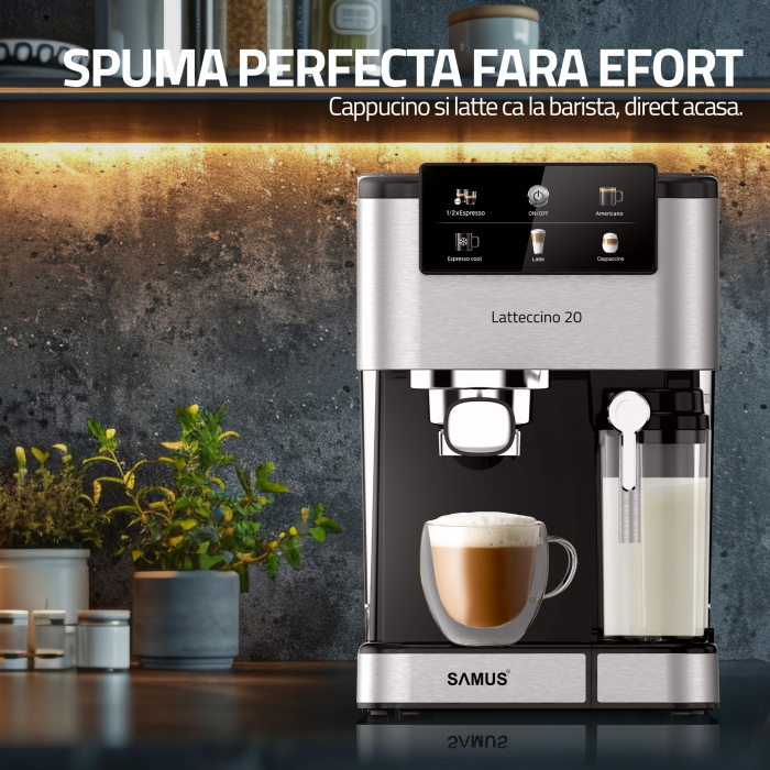 Espressor Samus Latteccino 20, 20 bar, rezervor lapte 500 ml și apă 1,5 L, control tactil, 6 tipuri băuturi (incl. cappuccino, latte), 1350 W, negru-inox [10]