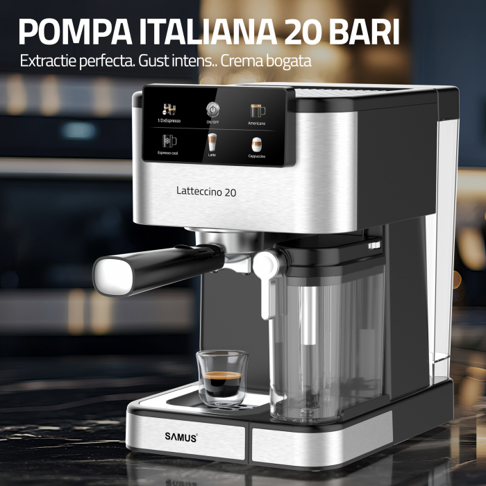 Espressor Samus Latteccino 20, 20 bar, rezervor lapte 500 ml și apă 1,5 L, control tactil, 6 tipuri băuturi (incl. cappuccino, latte), 1350 W, negru-inox [5]