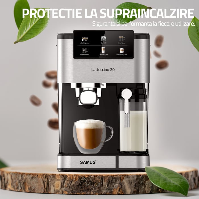 Espressor Samus Latteccino 20, 20 bar, rezervor lapte 500 ml și apă 1,5 L, control tactil, 6 tipuri băuturi (incl. cappuccino, latte), 1350 W, negru-inox [11]