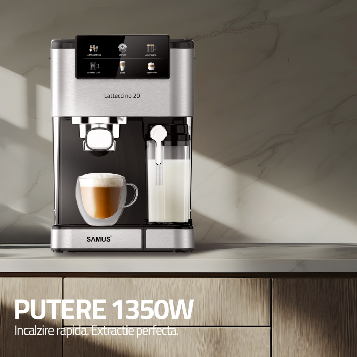 Espressor Samus Latteccino 20, 20 bar, rezervor lapte 500 ml și apă 1,5 L, control tactil, 6 tipuri băuturi (incl. cappuccino, latte), 1350 W, negru-inox [4]
