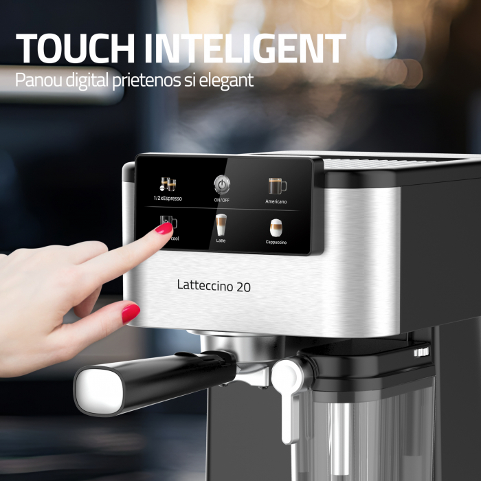 Espressor Samus Latteccino 20, 20 bar, rezervor lapte 500 ml și apă 1,5 L, control tactil, 6 tipuri băuturi (incl. cappuccino, latte), 1350 W, negru-inox [6]