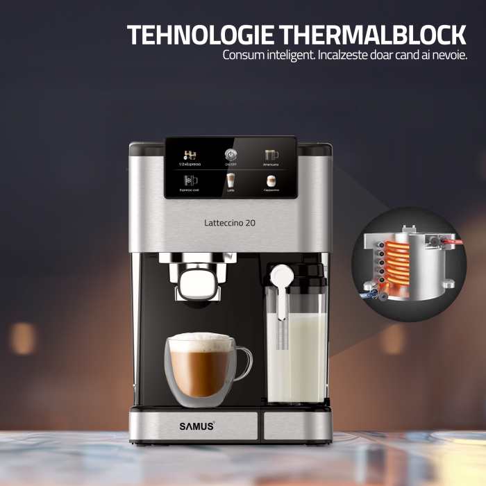 Espressor Samus Latteccino 20, 20 bar, rezervor lapte 500 ml și apă 1,5 L, control tactil, 6 tipuri băuturi (incl. cappuccino, latte), 1350 W, negru-inox [8]