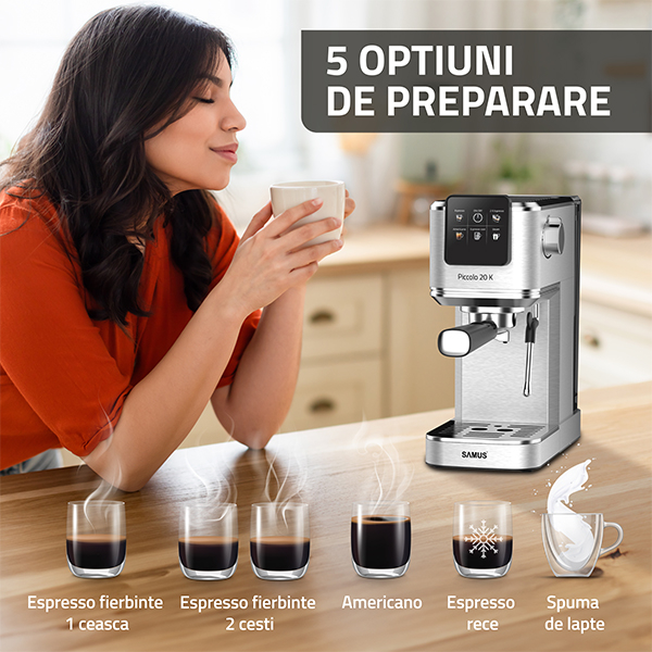 Espressor Samus Piccolo 20 K Pompa 20 Bari Tactil 5 Bauturi Cafea Macinata sau Capsule 1350W Inox [10]