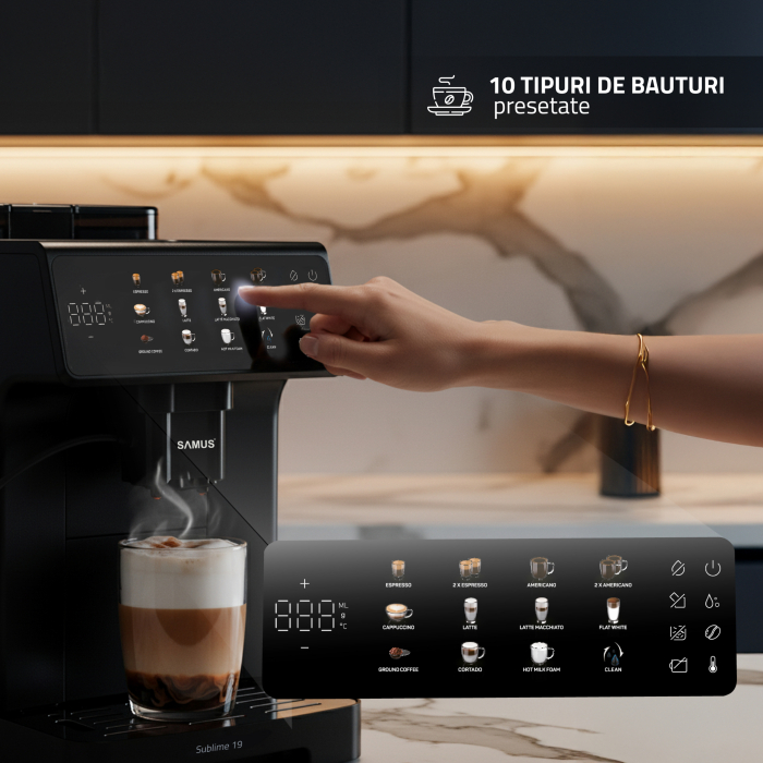 Espressor Samus Sublime 19, automat cu râșniță profesională, 19 bari, ecran digital 5", 10 băuturi, sistem lapte, 2 L, 1200–1400 W [9]