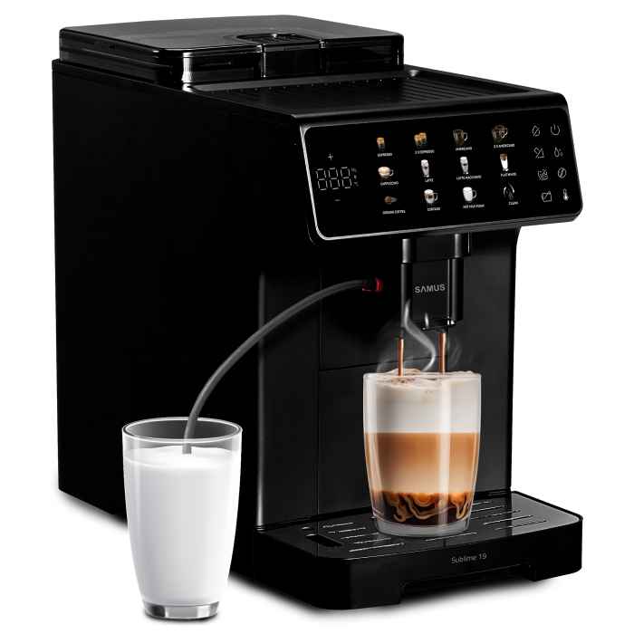 Espressor Samus Sublime 19, automat cu râșniță profesională, 19 bari, ecran digital 5", 10 băuturi, sistem lapte, 2 L, 1200–1400 W [1]