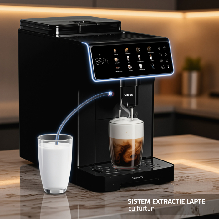 Espressor Samus Sublime 19, automat cu râșniță profesională, 19 bari, ecran digital 5", 10 băuturi, sistem lapte, 2 L, 1200–1400 W [8]