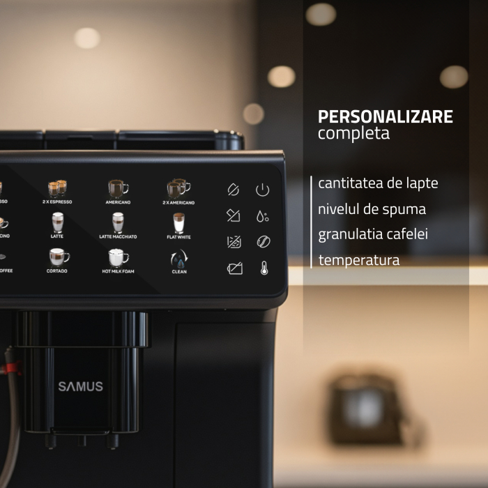 Espressor Samus Sublime 19, automat cu râșniță profesională, 19 bari, ecran digital 5", 10 băuturi, sistem lapte, 2 L, 1200–1400 W [10]