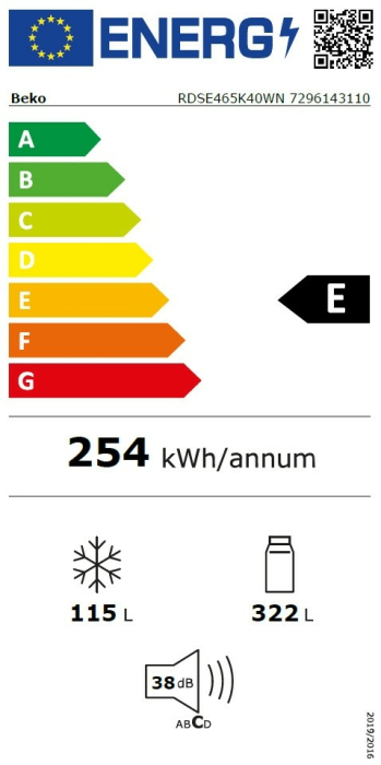 Frigider cu 2 usi Beko RDSE465K40WN, Static, 437 L, 185 H, Consum anual energie (kWh): 254 kWh, Clasa energetica E, Alb [11]