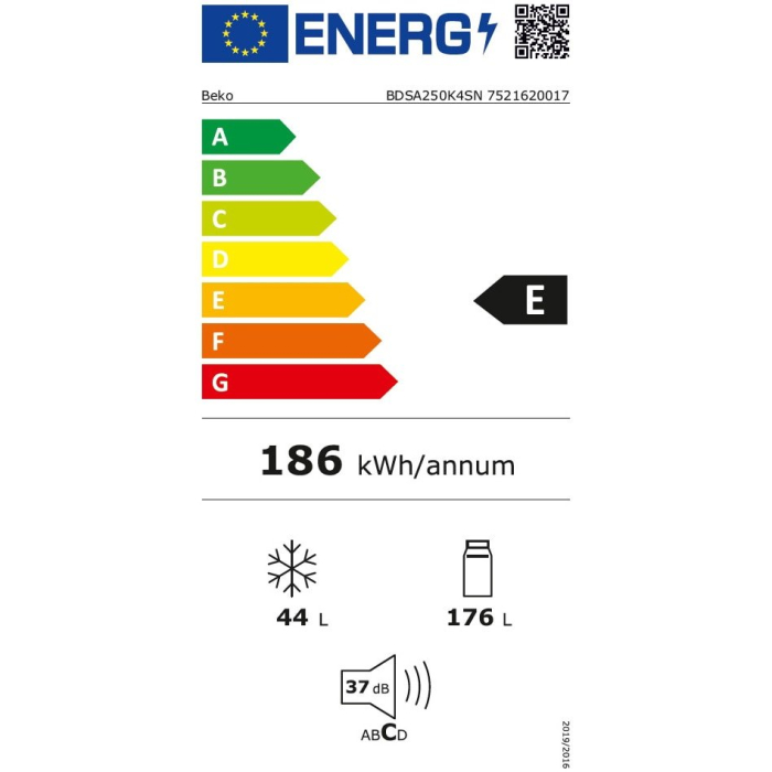 Frigider cu doua usi incoporabil Beko BDSA250K4SN, 220 l, Termostat reglabil, Clasa E, Consum anual energie (kWh): 186 kWh,  H 144.8 cm, Alb [6]