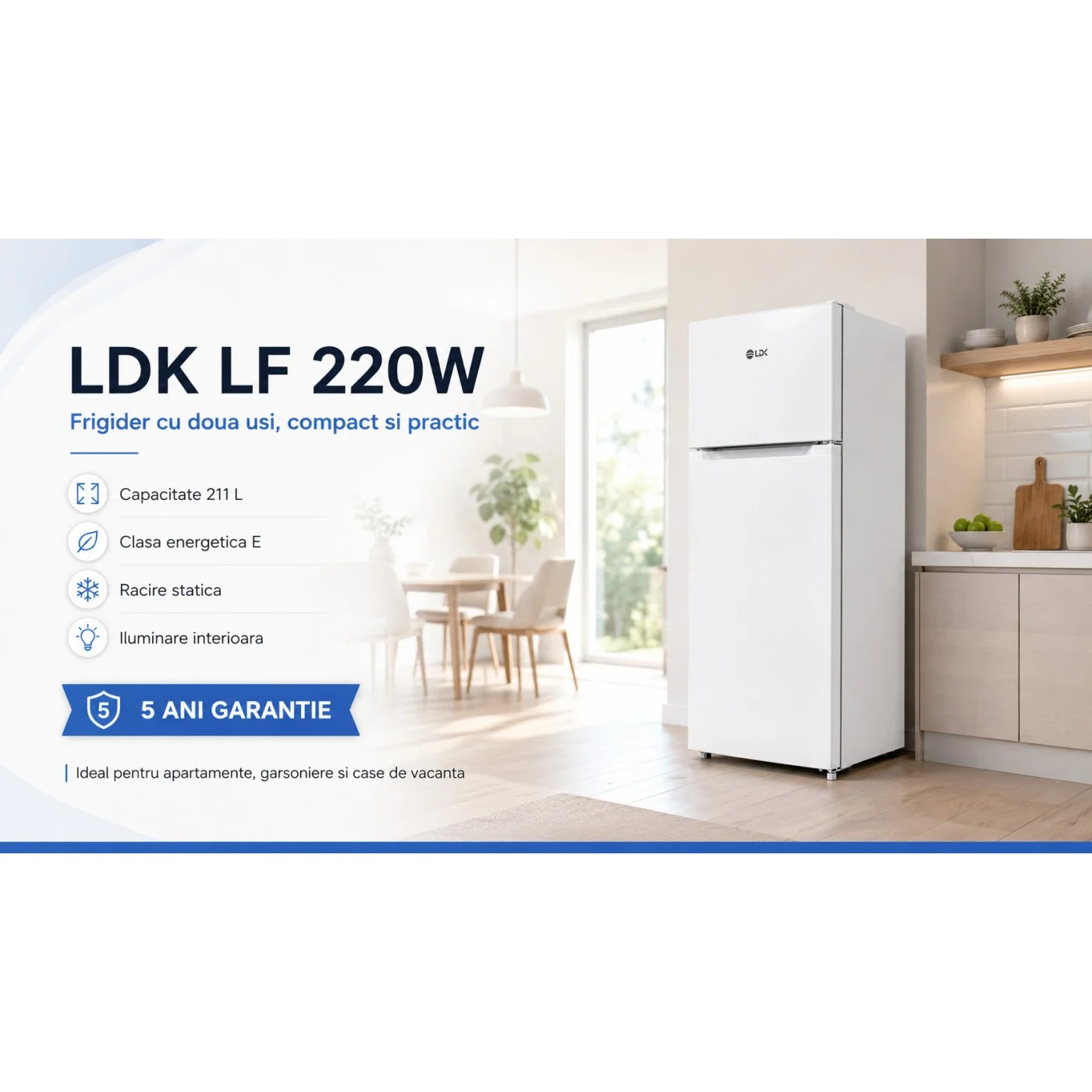 Frigider cu doua usi LDK LF 220W, Clasa E, Capacitate 211 l, H 144 cm, Alb [8]