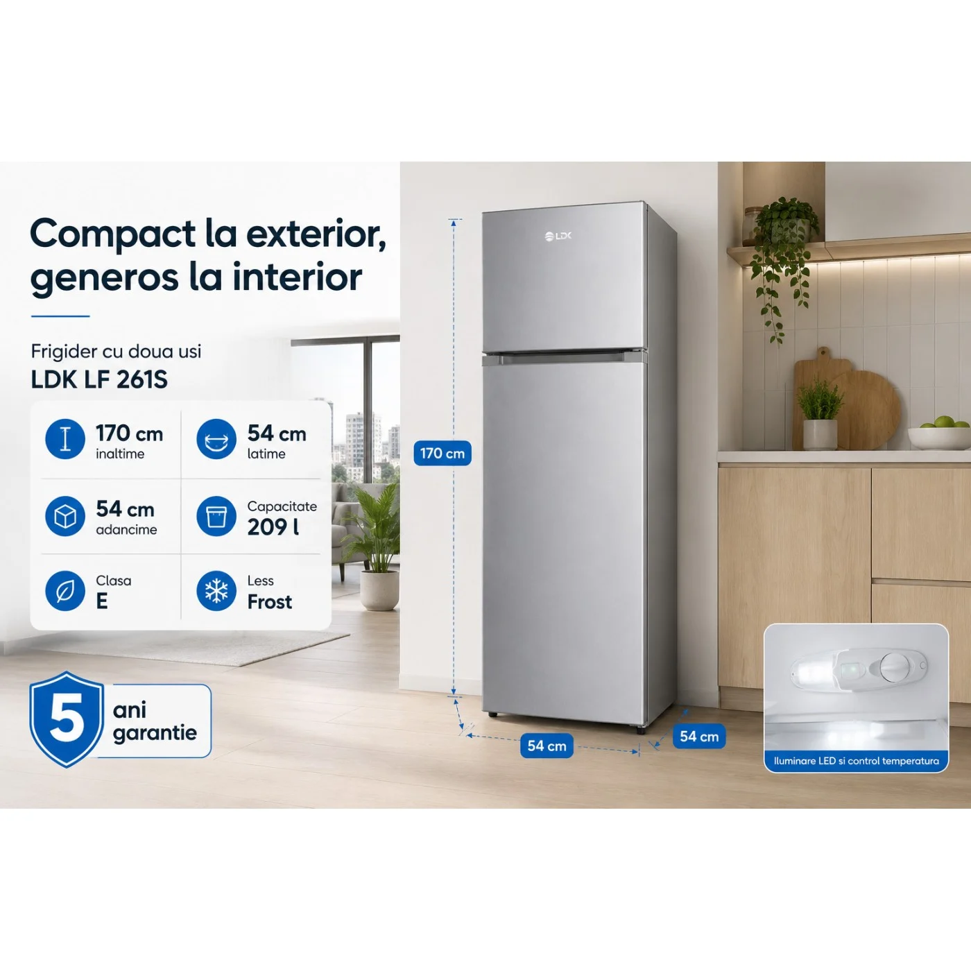 Frigider cu doua usi LDK LF 261S, Clasa E, Capacitate 261 l, Less Frost, Termostat ajustabil, Iluminare LED, H 170 cm, Argintiu [10]