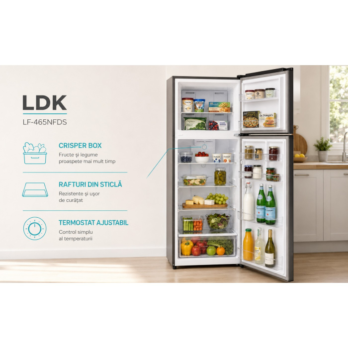 Frigider cu doua usi LDK LF-465NFDS, Capacitate 465 l, No Frost, Multi AirFlow, Crisper Box, Termostat ajustabil, H 186 cm, Clasa E, Dark Inox [10]