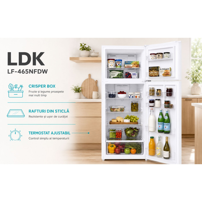 Frigider cu doua usi LDK LF-465NFDW, Capacitate 465 l, No Frost, Multi AirFlow, Crisper Box, Termostat ajustabil, H 186 cm, Clasa E, Alb [10]