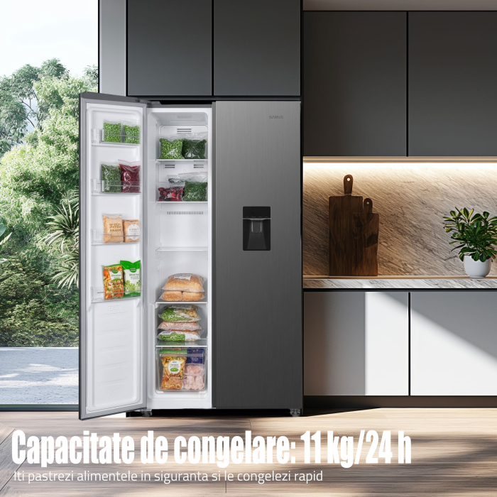 Frigider Side by Side Samus SSX-558NFDE, 439 L, Full No Frost, Dozator apă, Clasa E, Inox, Display LCD [10]