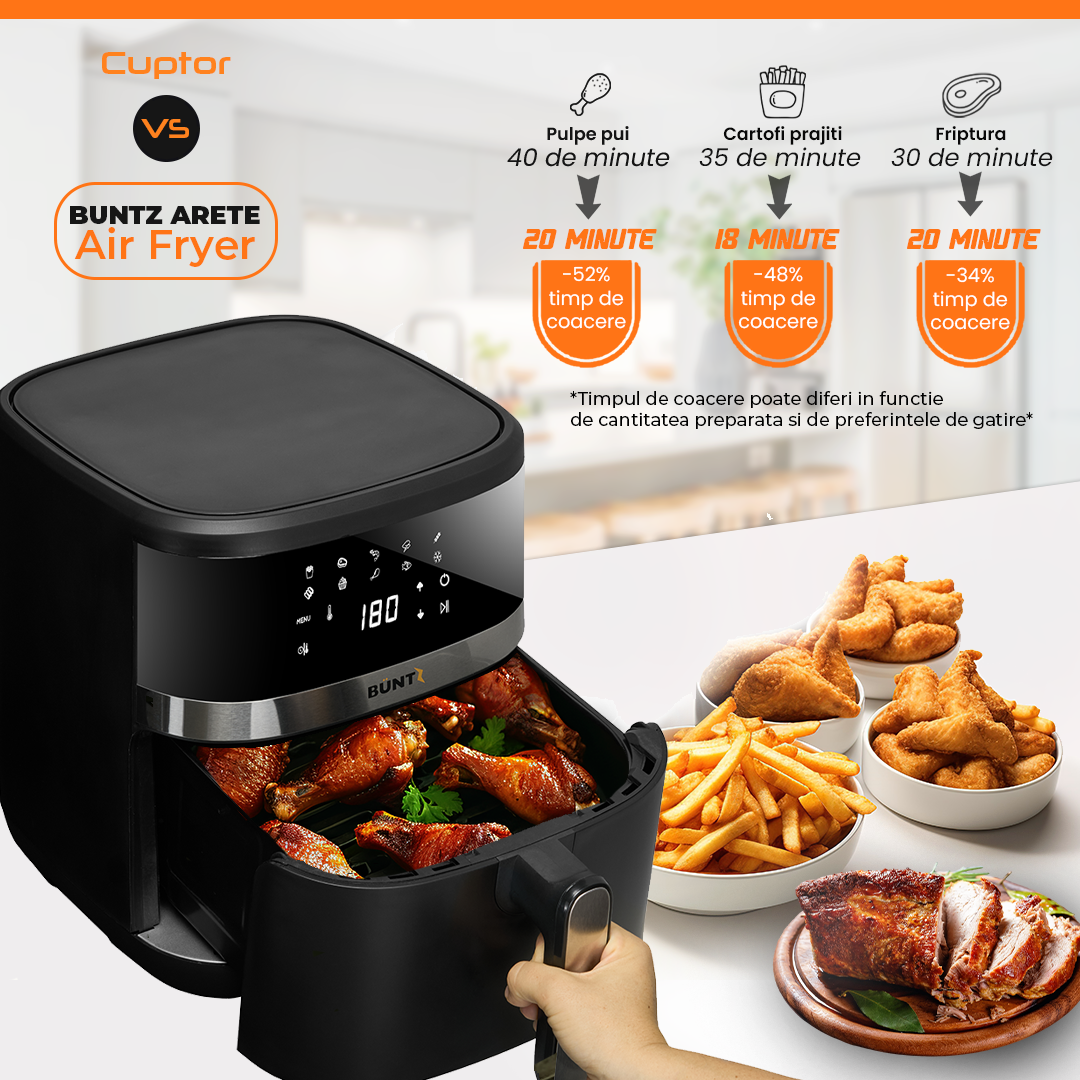 Friteuza cu aer cald digitala XL BÜNTZ Arete BAF-65S, 1600W, 6.5L, 10 programe presetate, termostat reglabil: 80-200˚ C, timer 60 min, Negru [7]