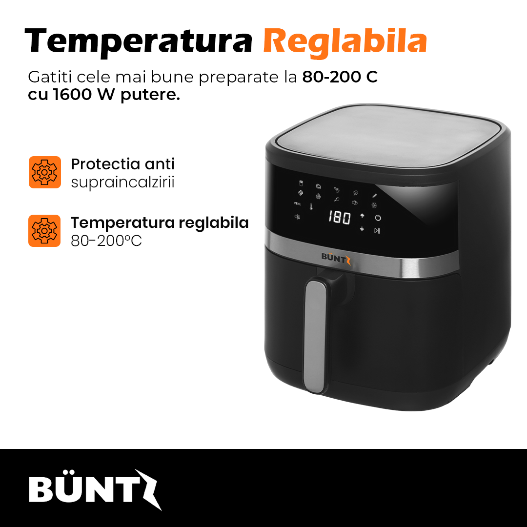 Friteuza cu aer cald digitala XL BÜNTZ Arete BAF-65S, 1600W, 6.5L, 10 programe presetate, termostat reglabil: 80-200˚ C, timer 60 min, Negru [6]