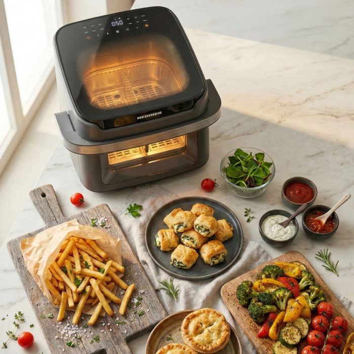 Friteuză dublă cu aer cald Heinner AirBake Revolution HAF-C10DB22GREY, 10L, 2200W, Dubla compartimentare, 12 Programe, Fereastră și Lumină Interioară, Gri [11]