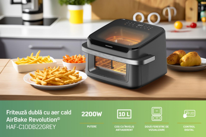 Friteuză dublă cu aer cald Heinner AirBake Revolution HAF-C10DB22GREY, 10L, 2200W, Dubla compartimentare, 12 Programe, Fereastră și Lumină Interioară, Gri [12]