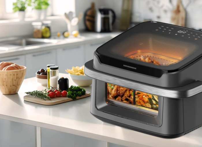 Friteuză dublă cu aer cald Heinner AirBake Revolution HAF-C10DB22GREY, 10L, 2200W, Dubla compartimentare, 12 Programe, Fereastră și Lumină Interioară, Gri [6]