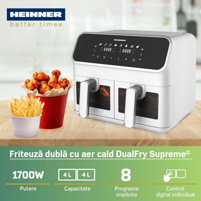 Friteuză dublă cu aer cald Heinner DualFry Supreme HAF-H8DB17WH, 1700W, 8L, Negru [3]