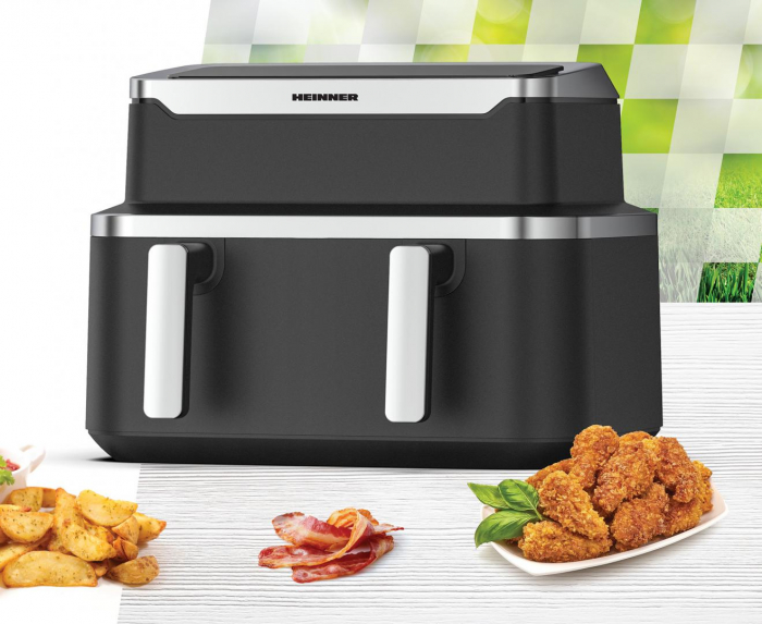 Friteuză dublă cu aer cald Heinner HAF-DDB9BK26, 2600W, 9L, 10 programe, control digital individual, temperatură 80–200°C, timer 60 min, auto-oprire, negru [2]