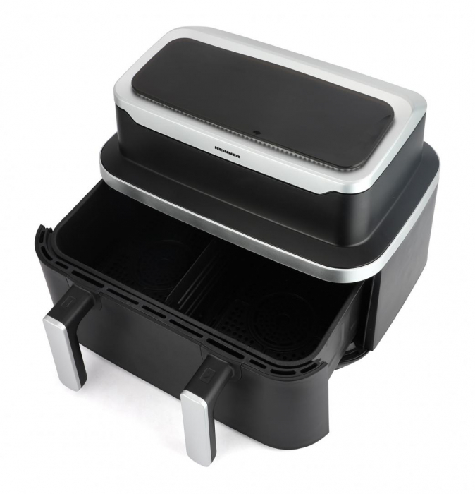 Friteuză dublă cu aer cald Heinner HAF-DDB9BK26, 2600W, 9L, 10 programe, control digital individual, temperatură 80–200°C, timer 60 min, auto-oprire, negru [1]