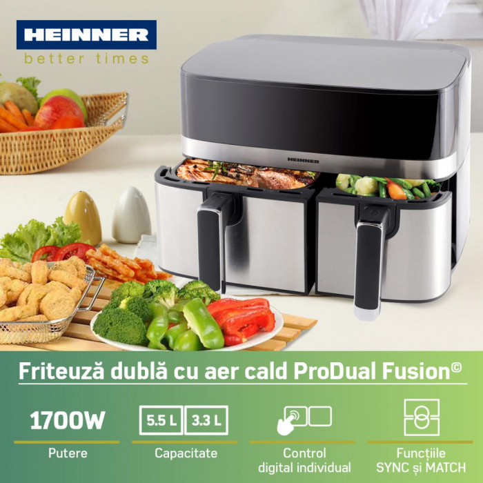 Friteuză Dublă Heinner Produal Fusion HAF-H9DB17BKS, 1700W, 8.6L, Gătire Sănătoasă cu Aer Cald [4]
