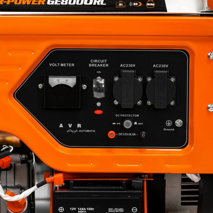 Generator curent ModelR-Power GE 8000RC, 7500W, pornire electrică cu telecomandă, benzină, 230V + 12V, motor 4 timpi 445cc, cupru, roți transport, cadru industrial, pentru uz casnic și profesional [6]