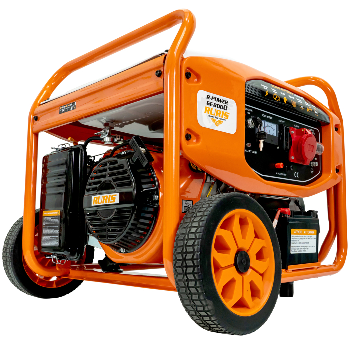 Generator curent trifazat ModelR-Power GE 8000, 7500W, 230/400V, pornire electrică, benzină, motor 4 timpi 459cc, cupru, cadru industrial, 2 prize [2]