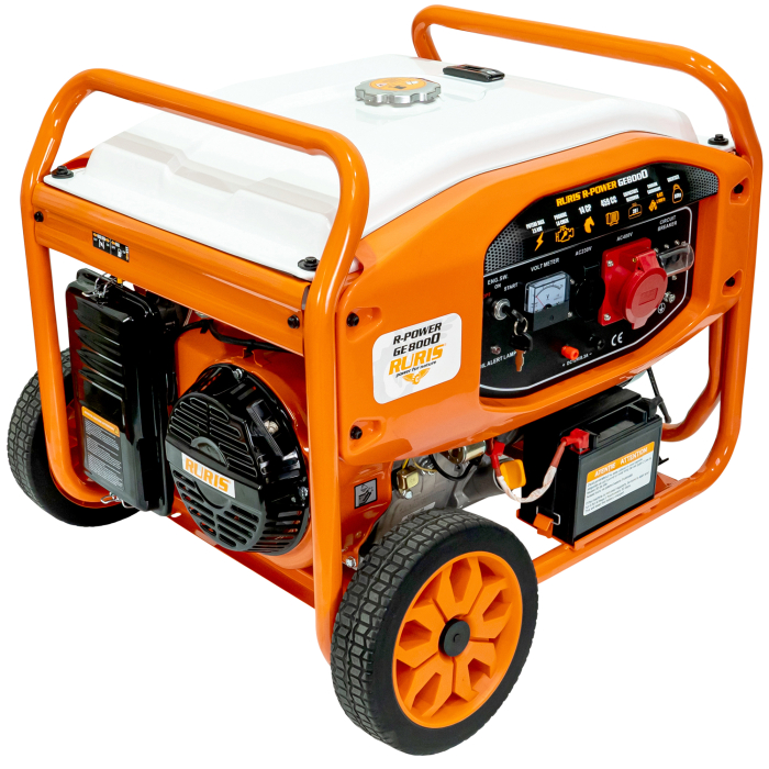 Generator curent trifazat ModelR-Power GE 8000, 7500W, 230/400V, pornire electrică, benzină, motor 4 timpi 459cc, cupru, cadru industrial, 2 prize [9]