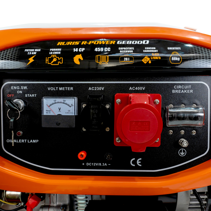 Generator curent trifazat ModelR-Power GE 8000, 7500W, 230/400V, pornire electrică, benzină, motor 4 timpi 459cc, cupru, cadru industrial, 2 prize [6]